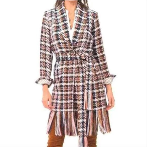 Cabi Tweed Tie Waist Single Button Fringe Coat Jacket Size Medium - Picture 1 of 11